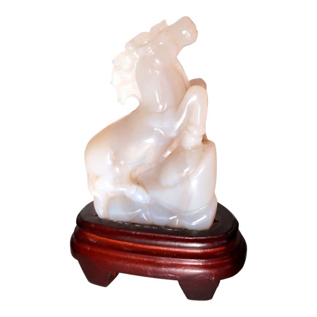 Early 20th Century Well-Carved Agate Sculpture of a Rearing Horse, Beautiful Natural Stone, Attached to Fitted Wooden Base For Sale