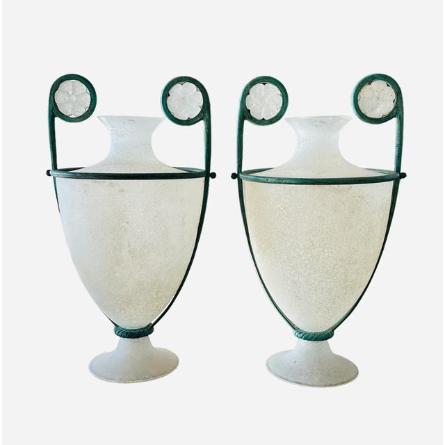 Rare, 1980's Italian Scavo Murano Glass Vase with decorative vedigri bronze handles. Part of the Trozzelli designed by...