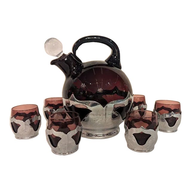 1930s Art Deco Farberware and Cambridge Glass Decanter and Shots- 8 Pieces For Sale