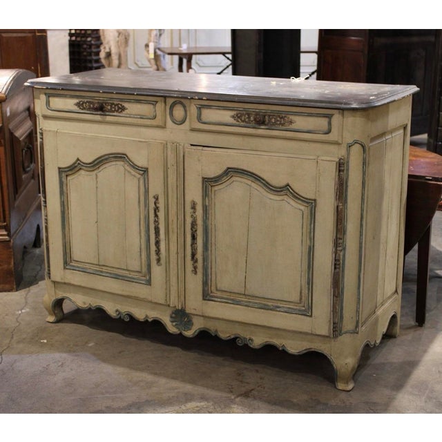 French 19th Century Painted Buffet A charming 19th century French painted buffet featuring a softly aged blue and white...