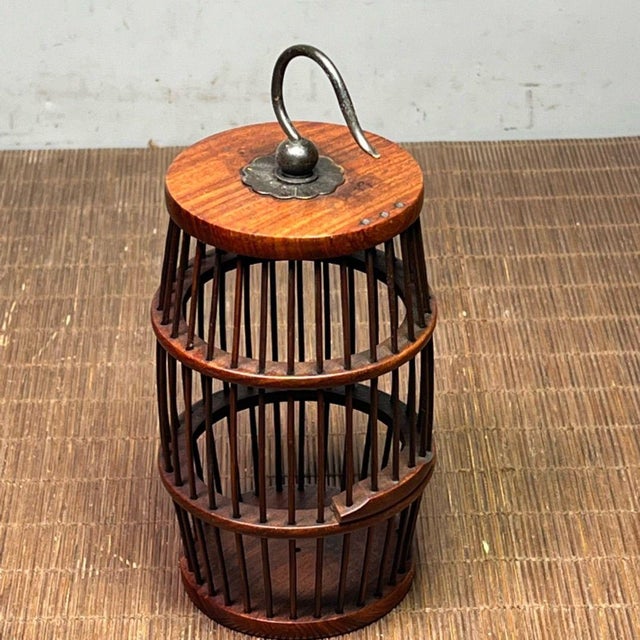 Brass Vintage Chinese Pearwood Cricket / Cicada Cage With Metal Hook, Chinoiserie Decorative Insect Cage For Sale - Image 8 of 9