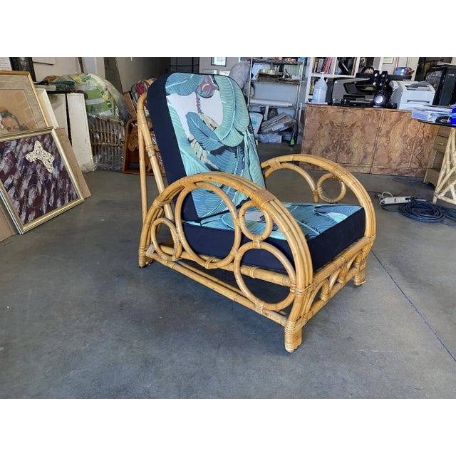Restored 3-Strand "Circles and Speed" Rattan Settee, Lounge Chair & Ottoman For Sale In Los Angeles - Image 6 of 13