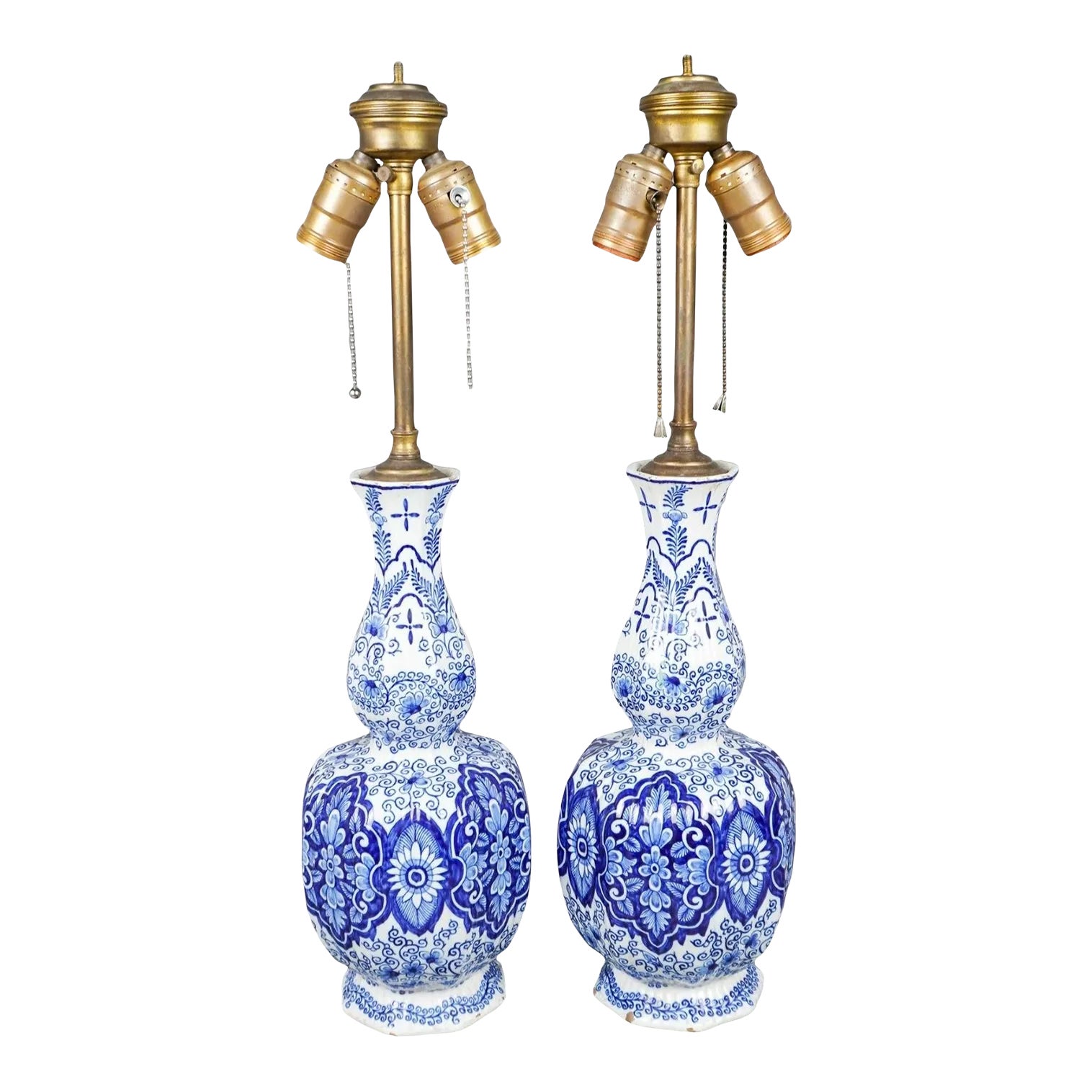 18th Century Delft Blue and White Decorated Lamp Mounted Vases