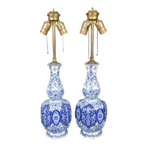 18th Century Delft Blue and White Decorated Lamp Mounted Vases , Signed Van Duijn, Pair