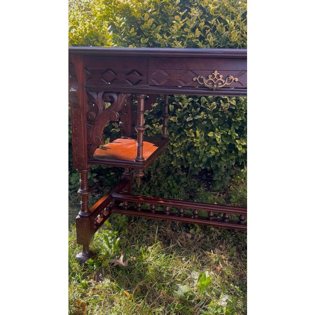 Late 19th Century Antique Victorian Mahogany Writing Table With Intricate Carvings and Pierced Fretwork, Late 19th Century For Sale - Image 5 of 6
