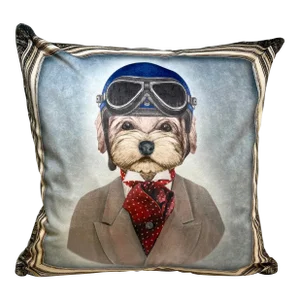 16" Square Decorative Throw Pillow Embellished With a Portrait of a Heroic Yorkshire Terrier Dog Depicted as an Airplane Pilot - Made in the U K
