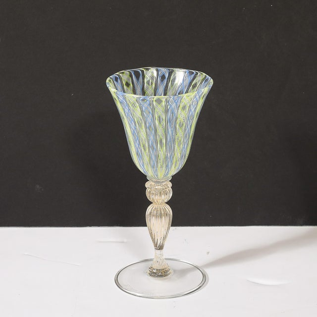 Set of 8 Hand-Blown Murano Latticino Blue & Chartreuse Wine Glasses W/ 24k Gold For Sale - Image 14 of 18