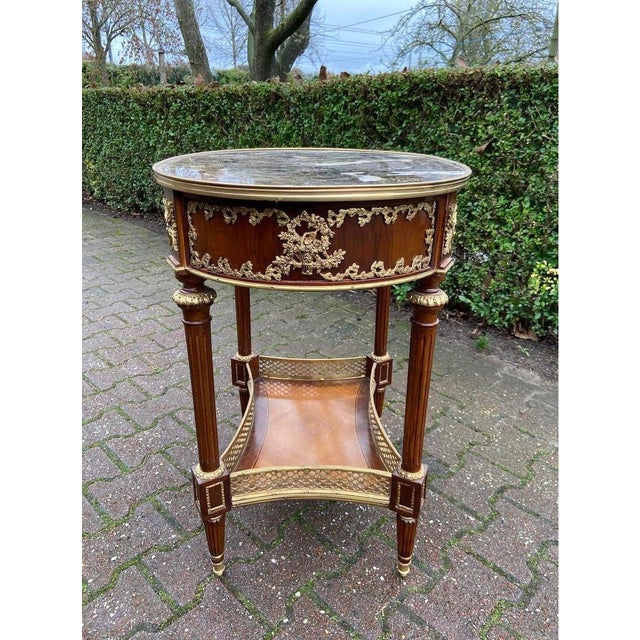 Late 20c French Artisan Louis XVI Mahogany Marble Side Table For Sale - Image 11 of 13