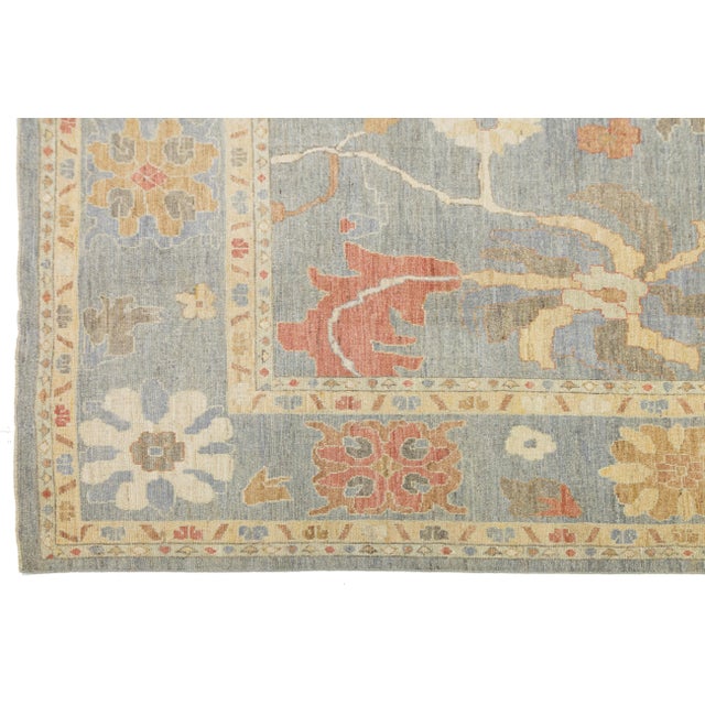 Slate Gray Contemporary Oushak Turkish-Inspired Floral Area Rug in Soft Earth Tones 12x16 For Sale - Image 8 of 11