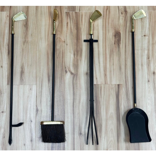 Vintage Brass and Cast Iron Golf Club Fireplace Tools on Stand For Sale - Image 10 of 12