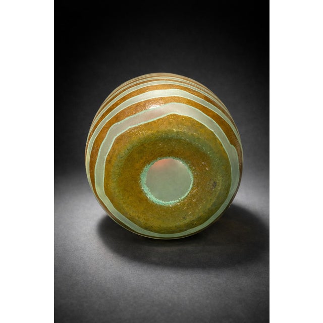 Mid 20th Century Vintage Hand-Blown Art Glass Vase With Seafoam Green Satin Stripes and Amber Ground – Modern Studio Glass Vessel For Sale - Image 5 of 8