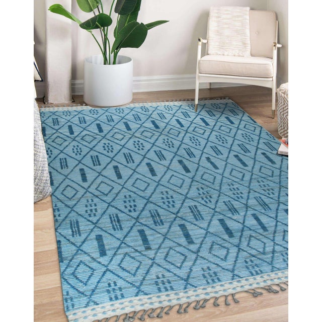6x9 Stylish Marrakech Blue Tribal Geometric Modern Hand-Knotted Wool Carpet Rug For Sale In New York - Image 6 of 7