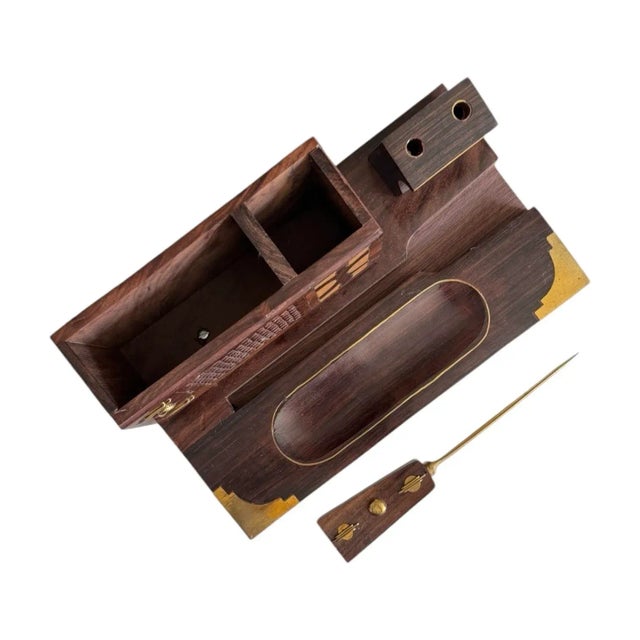 Mid-Century Modern Vintage French Art Deco Handmade Wood and Brass Desk Set For Sale - Image 3 of 11