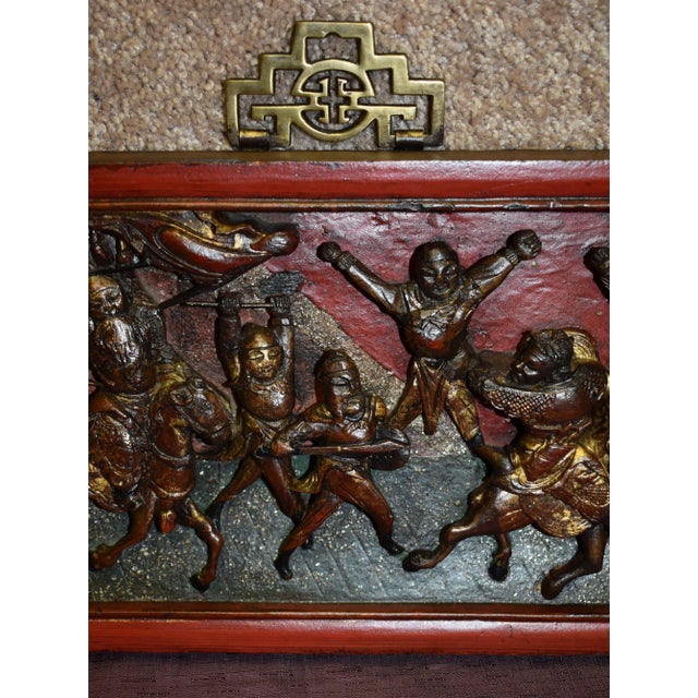 1920s Antique Asian Carved Figural Plaque W/Brass Hanger For Sale - Image 5 of 13