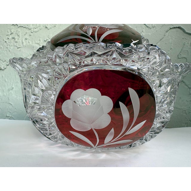 Glass Vintage German Hofbauer Ruby Flashed & Etched Lead Crystal Covered Candy Dish With Rose Motif For Sale - Image 7 of 11