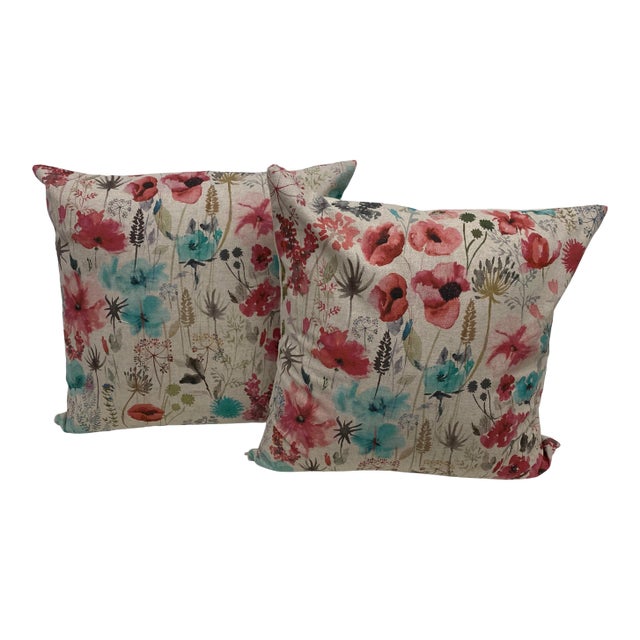 Pair of 20" Pillows With a Water Color-Like Red Poppy Floral Pattern - Made in Uk. For Sale