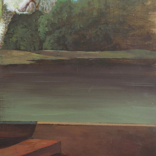 Late 20th Century Vintage Oil Painting on Wood Panel – White Poodle in a Punt River Landscape For Sale - Image 5 of 8