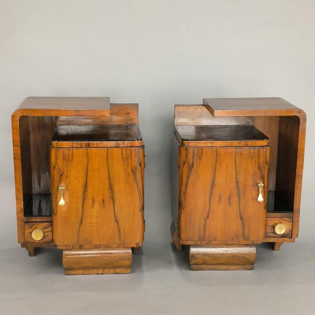 Art Deco Walnut Bedside Tables with Black Glass Tops, 1940s, Set of 2 For Sale - Image 3 of 9