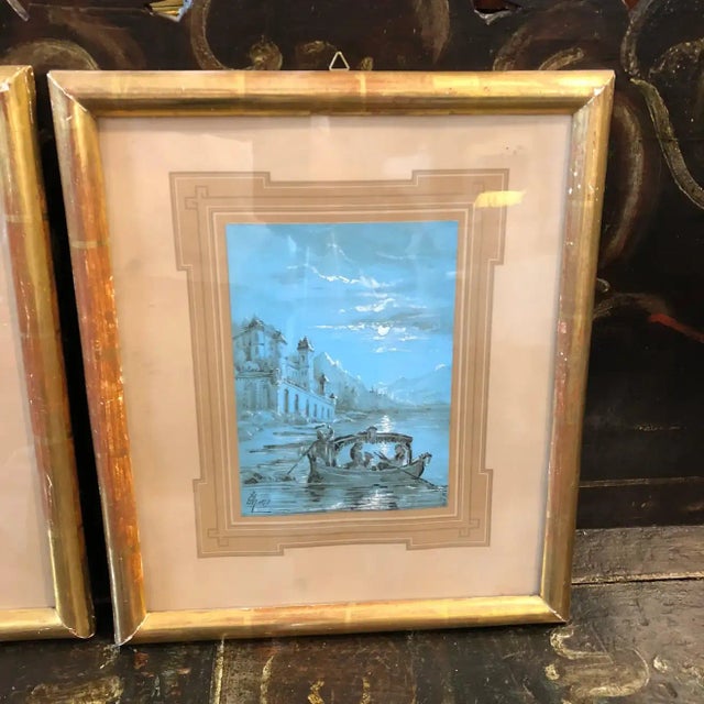 French Late 19th Century French Figurative Blue Neapolitan Gouache Paintings, Framed - a Pair For Sale - Image 3 of 11