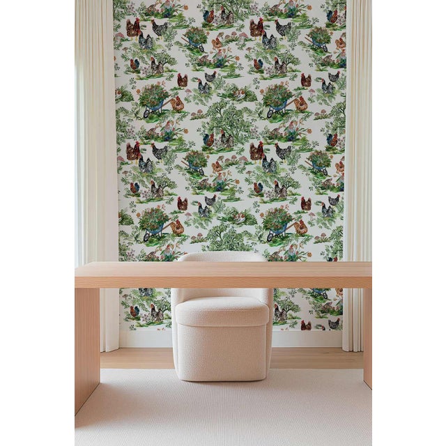 Not Yet Made - Made To Order Cluckingham Farm Toile Grasscloth Wallpaper by House Party | Egg White | 8 Yards For Sale - Image 5 of 10