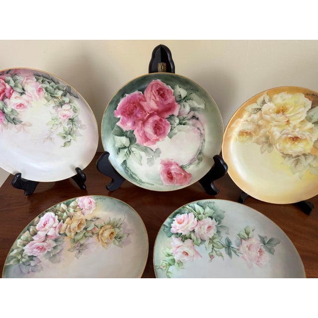 Rare Set of Five Antique Hand-Painted Limoges Rose Cabinet Plates by j.a. Tompkins, C. 1900–1910 For Sale - Image 12 of 12