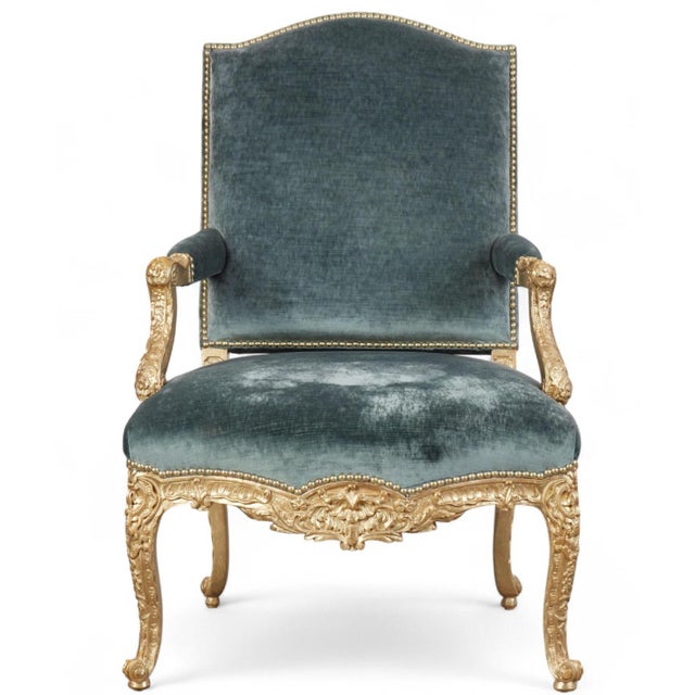 French Quatrain for Dessin Fournir Louis XV Style Giltwood Fauteuil Arm Chair W Blue Silk Velvet For Sale - Image 3 of 6