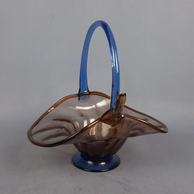 Amber Murano Glass Basket Centerpiece with Blue Handle For Sale - Image 6 of 13