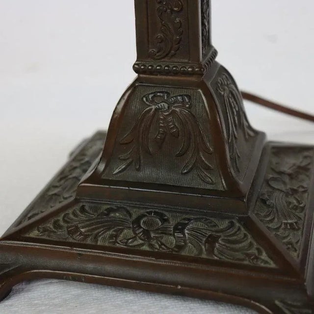 Green Antique Wilkinson Arts & Crafts Four-Panel Slag Glass Table Lamp C1920 For Sale - Image 8 of 9