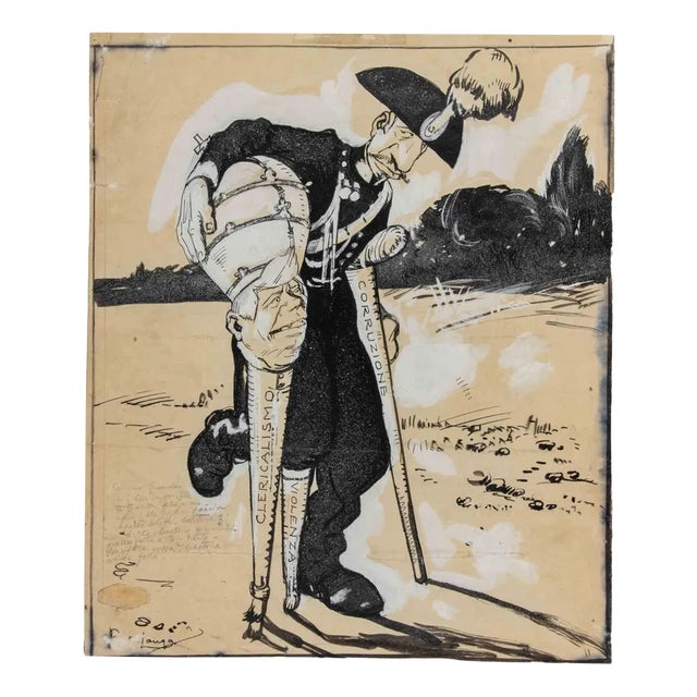Gabriele Galantara, Violence-Corruption-Clericalism, Mixed Media Drawing, 1908 For Sale