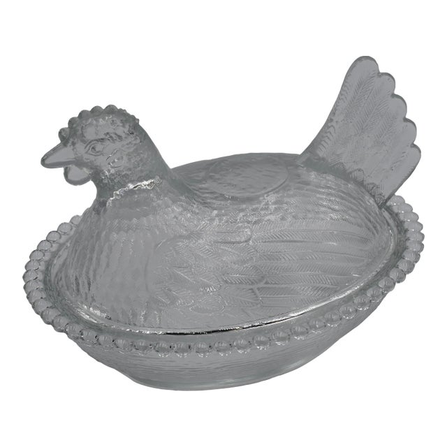 Vintage Indiana Clear Glass Covered Chicken on Nest Candy Dish Sitting Hen For Sale