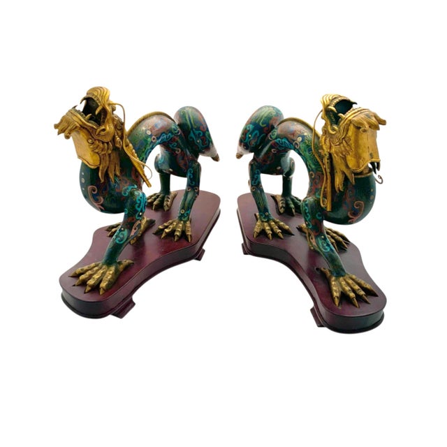 Late 20th Century Chinese Dragon Statue Pair Cloisonné Enamel on Wood Base Old Oriental Decor For Sale - Image 4 of 9