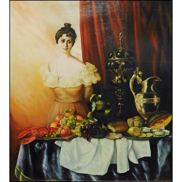 "Portrait with Still Life" by Fazly Original Oil on Canvas Hand signed by the artist Image Size: 53" x 43" Framed Size:...
