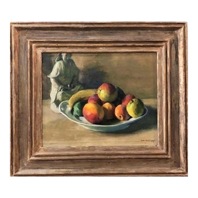 Ivan Olinsky, Still Life w/ Chinese Porcelain Figurine & Fruits, O/C Painting, C For Sale