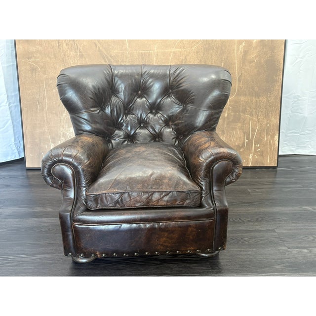 2010s Rh Churchill Leather Chair With Nailheads Vintage Ebony Leather | Down-Feather Fill | Classic Depth For Sale - Image 5 of 18