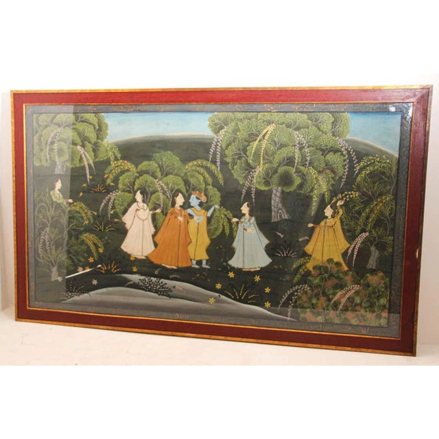 Large Pichhavai Hindu Painting of Radha and Krishna with Female Gopis. Pichhwai Hindu Painting of Krishna and Radha framed...