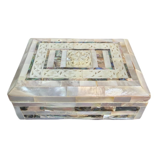 Vintage Hand Carved Mother of Pearl Box For Sale