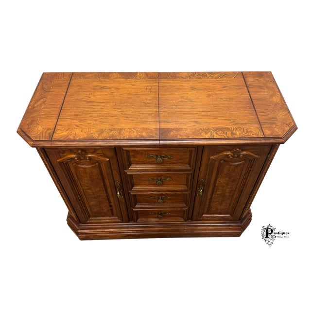 Vintage American of Martinsville French Country Style Oak & Burl Wood Flip Top Server / Storage Cabinet For Sale In Greensboro - Image 6 of 12