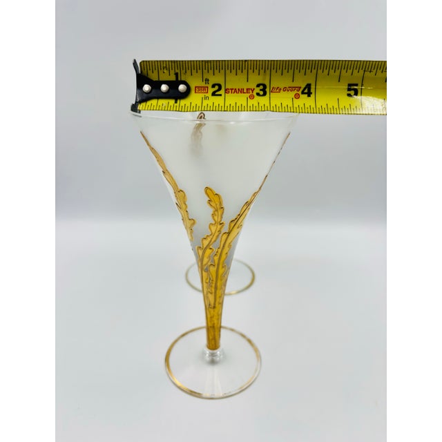 1940s Frosted Glass Wine Flutes With Gold Leaf Motif – Pair For Sale - Image 10 of 12