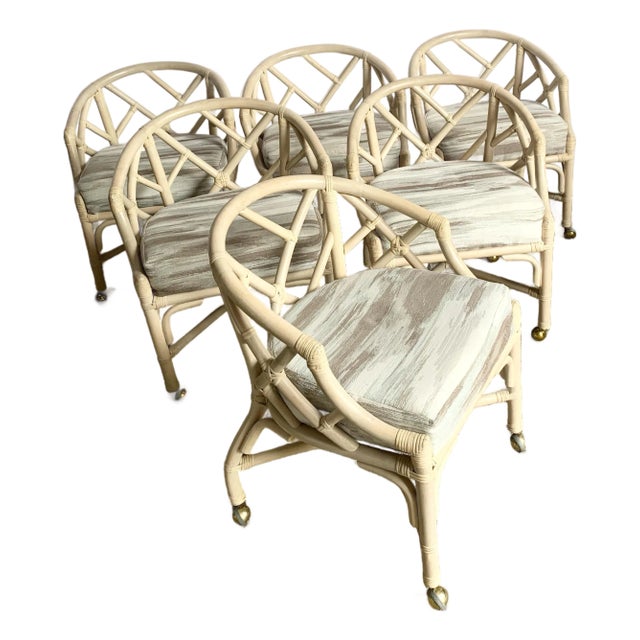 Vintage Coastal Chippendale Style Rattan Dining Arm Chairs on Caster by Ficks Reed - Set of 6 For Sale