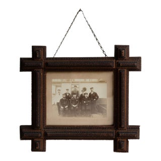 Antique Tramp Art Picture Frame With Original Sailor Photograph, C. 1890s For Sale