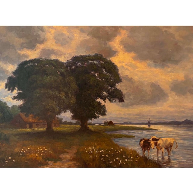 Pastoral Landscape with Cows by the Water, 20th Century, Oil on Canvas For Sale - Image 9 of 9