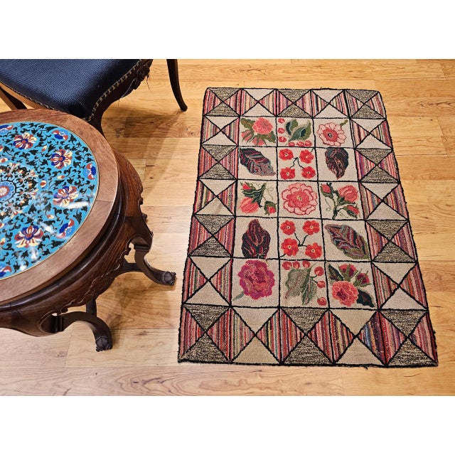 American Vintage American Hand Hooked Rug, Block Design, Folk Art Tapestry, 2x3 For Sale - Image 3 of 12