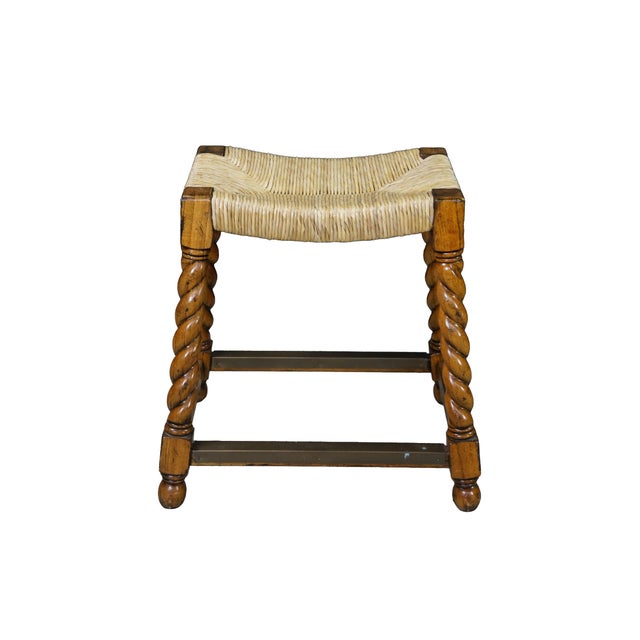 French Country 2 Vintage Spanish Revival Country French Barley Twist Stools Rush Saddle Seats For Sale - Image 3 of 17