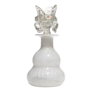 Murano White Zanfirico Ribbons Flower Top Stopper Italian Art Glass Vintage Decorative Vanity Bottle For Sale