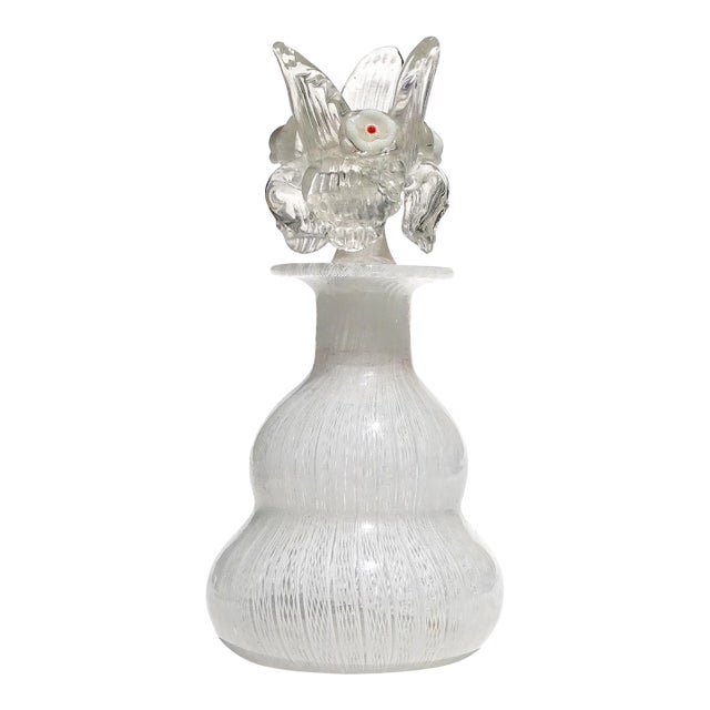 Murano White Zanfirico Ribbons Flower Top Stopper Italian Art Glass Vintage Decorative Vanity Bottle For Sale
