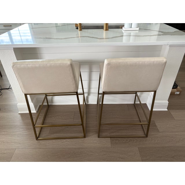 Contemporary Jewel Metal Base Leather Counter Stool Ethan Allen Set/2 For Sale - Image 3 of 14