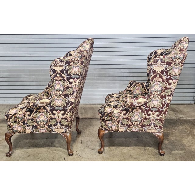 Late 20th Century Pair Southwood Mahogany Philadelphia Style Wing Chairs Needlepoint Fabric For Sale - Image 9 of 11