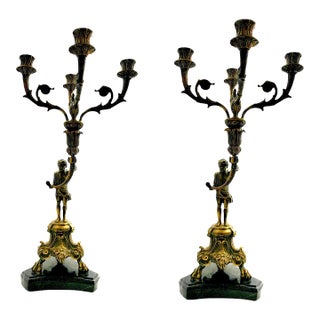 Late 20th Century Bronze Cherub Candelabra Pair on Marble Bases, Empire Style, 21.2"h For Sale