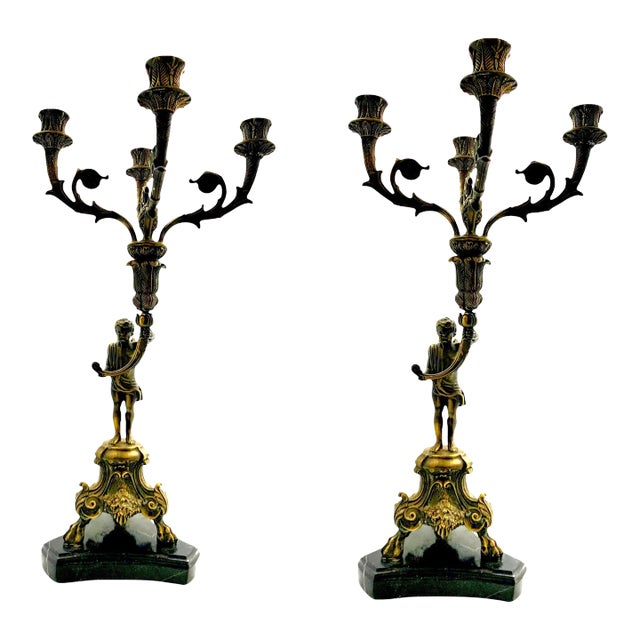 Late 20th Century Bronze Cherub Candelabra Pair on Marble Bases, Empire Style, 21.2"h For Sale