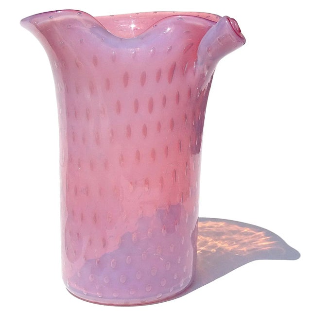Beautiful vintage Murano hand blown opalescent pink and controlled bubbles Italian art glass flower vase. Documented to...